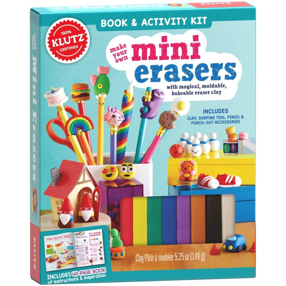KLUTZ Make Your Own Mini Erasers Toy includes (8)colors of eraser clay^pencil^clay shaping tool^(2)sheets of papercraft displays