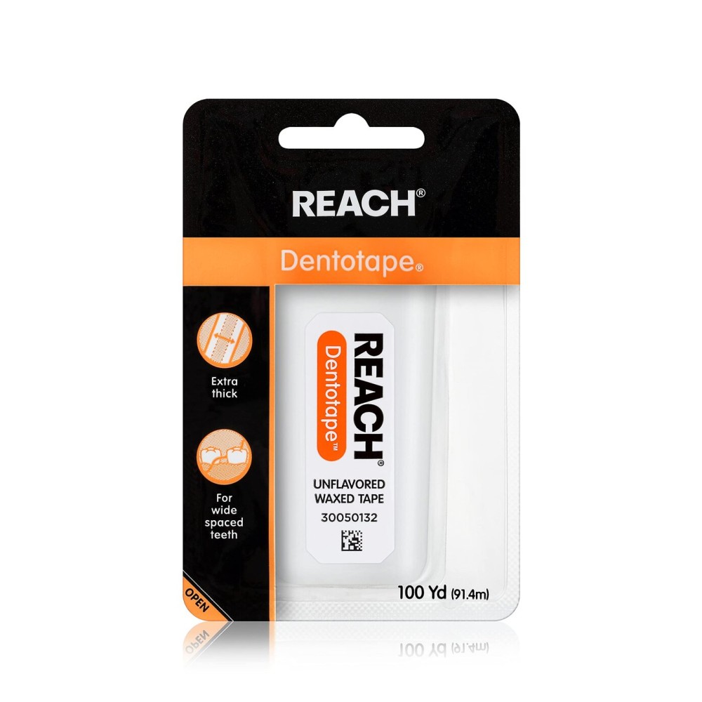 REACH Dentotape Waxed Dental Floss Tape, Unflavored, Extra Wide Floss, Shred & Frey Resistant, Plaque Remover for Teeth, Easy on Gums & Teeth, Oral Care, PFAS Free, for Adults & Kids, 1 Pack, 100 yd REACH Dentotape Waxed Dental Floss Tape, Unflavored, Extra Wide Floss, Shred & Frey Resistant, Plaque Remover for Teeth, Easy on Gums & Teeth, Oral Care, PFAS Free, for Adults & Kids, 1 Pack, 100 yd