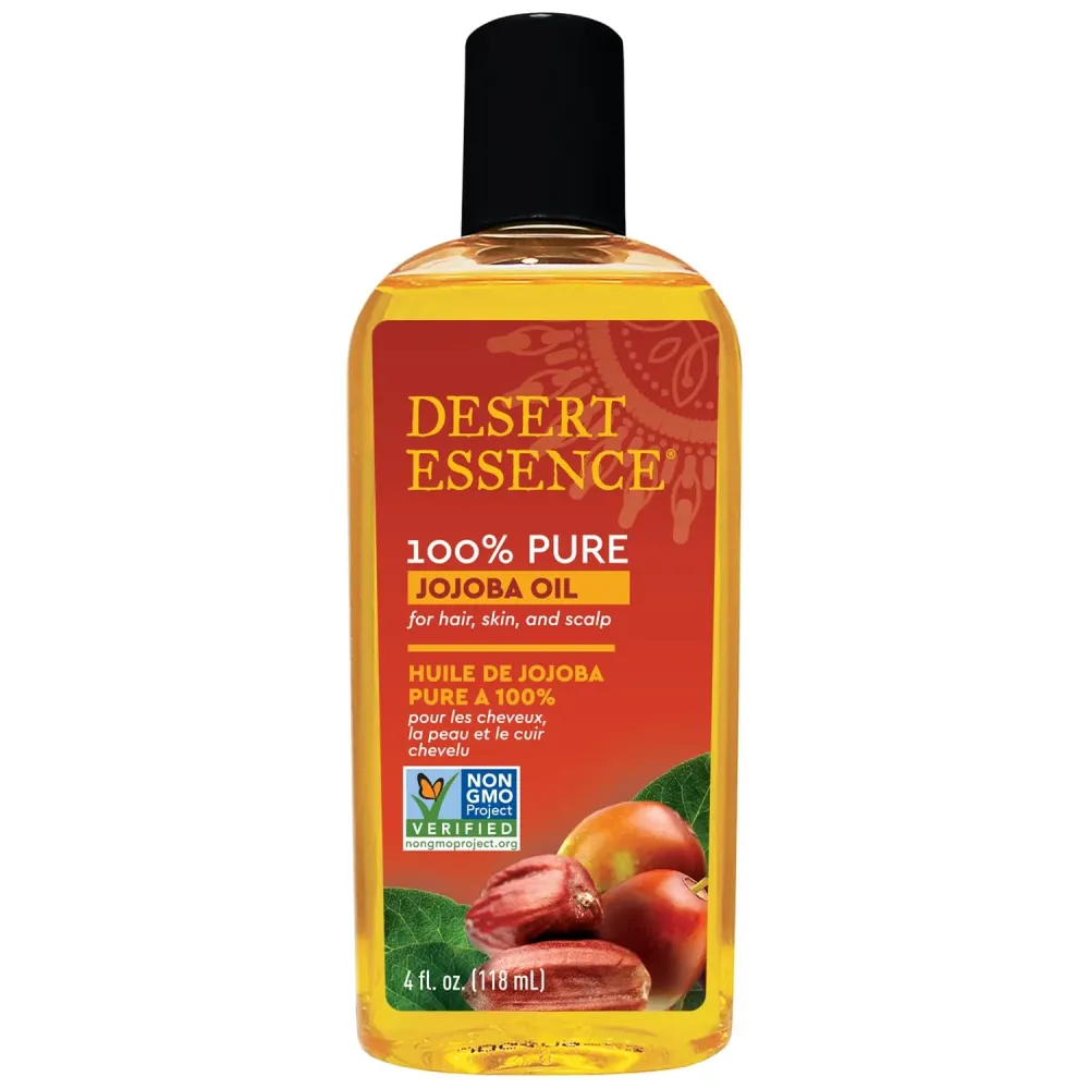 Desert Essence 100% Pure Jojoba Oil - 4 Fl Oz Moisturizer for Hair, Skin & Scalp | Makeup Remover & Aftershave Hydrator, Non-GMO, Vegan, Cold-Pressed, Anti-Flakiness & Non-Clogging Beauty Elixir