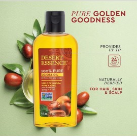 Desert Essence 100% Pure Jojoba Oil - 4 Fl Oz Moisturizer for Hair, Skin & Scalp | Makeup Remover & Aftershave Hydrator, Non-GMO, Vegan, Cold-Pressed, Anti-Flakiness & Non-Clogging Beauty Elixir