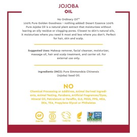 Desert Essence 100% Pure Jojoba Oil - 4 Fl Oz Moisturizer for Hair, Skin & Scalp | Makeup Remover & Aftershave Hydrator, Non-GMO, Vegan, Cold-Pressed, Anti-Flakiness & Non-Clogging Beauty Elixir