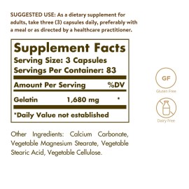 Solgar Gelatin 1680 mg, 250 Capsules - Natural Gelatin - Supports Bone, Joint & Skin Health - Gluten Free, Dairy Free - 83 Servings, Unflavored, Standard Packaging Solgar Gelatin 1680 mg, 250 Capsules - Natural Gelatin - Supports Bone, Joint & Skin Health - Gluten Free, Dairy Free - 83 Servings, Unflavored, Standard Packaging