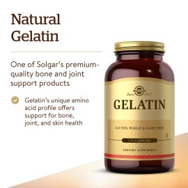 Solgar Gelatin 1680 mg, 250 Capsules - Natural Gelatin - Supports Bone, Joint & Skin Health - Gluten Free, Dairy Free - 83 Servings, Unflavored, Standard Packaging Solgar Gelatin 1680 mg, 250 Capsules - Natural Gelatin - Supports Bone, Joint & Skin Health - Gluten Free, Dairy Free - 83 Servings, Unflavored, Standard Packaging
