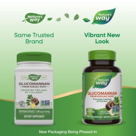 Nature\'s Way Premium Herbal Glucomannan from Konjac Root, Promotes Feelings of Fullness*, 1,995 mg per 3-Capsule Serving, Non-GMO Project Verified, Vegan, 100 Capsules (Packaging May Vary) Nature\'s Way Premium Herbal Glucomannan from Konjac Root, Promotes Feelings of Fullness*, 1,995 mg per 3-Capsule Serving, Non-GMO Project Verified, Vegan, 100 Capsules (Packaging May Vary)