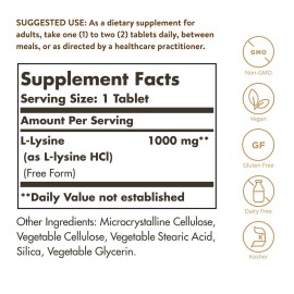Solgar L-Lysine 1000 mg, 100 Tablets - Enhanced Absorption and Assimilation - Promotes Integrity of Skin and Lips - Collagen Support - Amino Acids - Non GMO, Vegan, Gluten Free - 100 Servings Solgar L-Lysine 1000 mg, 100 Tablets - Enhanced Absorption and Assimilation - Promotes Integrity of Skin and Lips - Collagen Support - Amino Acids - Non GMO, Vegan, Gluten Free - 100 Servings