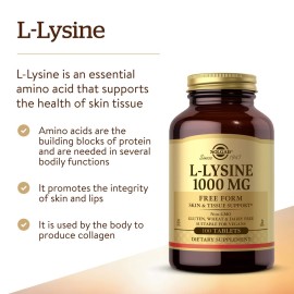 Solgar L-Lysine 1000 mg, 100 Tablets - Enhanced Absorption and Assimilation - Promotes Integrity of Skin and Lips - Collagen Support - Amino Acids - Non GMO, Vegan, Gluten Free - 100 Servings Solgar L-Lysine 1000 mg, 100 Tablets - Enhanced Absorption and Assimilation - Promotes Integrity of Skin and Lips - Collagen Support - Amino Acids - Non GMO, Vegan, Gluten Free - 100 Servings