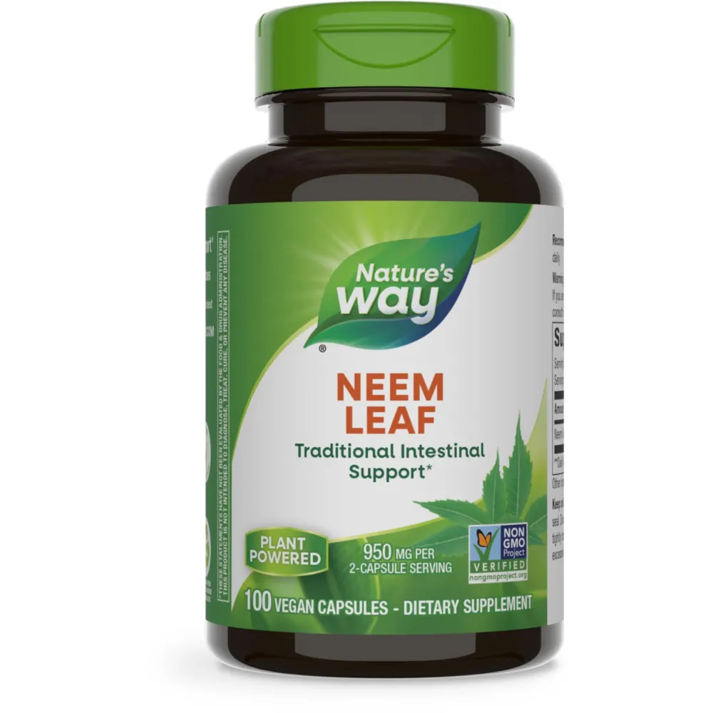 Nature\'s Way Herbal Neem Leaf, Traditional Intestinal Support*, Used in Ayurveda, 950 mg per 2-Capsule Serving, Non-GMO Project Verified, Vegan, 100 Capsules (Packaging May Vary) Nature\'s Way Herbal Neem Leaf, Traditional Intestinal Support*, Used in Ayurveda, 950 mg per 2-Capsule Serving, Non-GMO Project Verified, Vegan, 100 Capsules (Packaging May Vary)