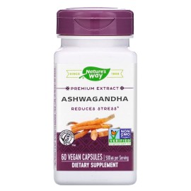Nature\'s Way Ashwagandha, Reduces Stress*, Premium Extract, Adaptogenic*, Non-GMO Project Verified, Vegan, 60 Capsules Nature\'s Way Ashwagandha, Reduces Stress*, Premium Extract, Adaptogenic*, Non-GMO Project Verified, Vegan, 60 Capsules