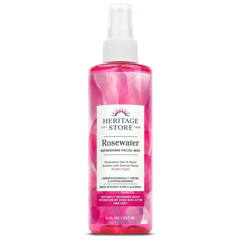 HERITAGE STORE Rosewater - Refreshing Facial Mist for Glowing Skin with Damask Rose, All Skin Types - Rose Water Spray for Face, Made Without Dyes or Alcohol, Hypoallergenic, Vegan, Cruelty Free, 8oz