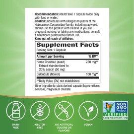 Nature\'s Way Standardized Horse Chestnut, Premium Extract, Promotes Healthy Leg Veins*, 250 mg per Serving, Vegan, 90 Capsules