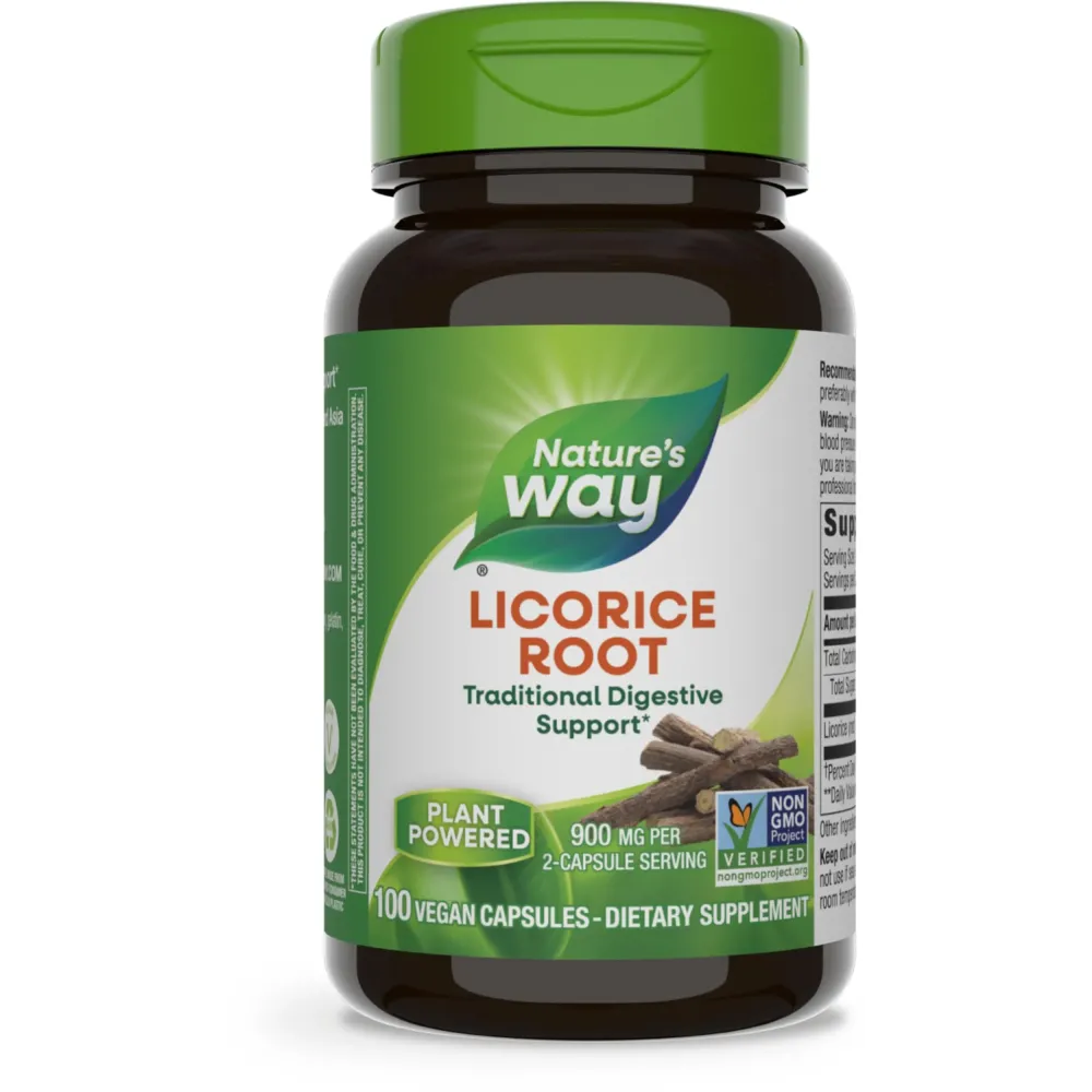 Nature\'s Way Licorice Root, Traditional Digestive Support Supplement*, 900 mg per 2-Capsule Serving, Non-GMO Project Verified, 100 Vegan Capsules (Packaging May Vary) Nature\'s Way Licorice Root, Traditional Digestive Support Supplement*, 900 mg per 2-Capsule Serving, Non-GMO Project Verified, 100 Vegan Capsules (Packaging May Vary)