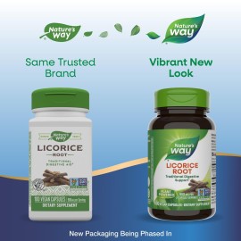 Nature\'s Way Licorice Root, Traditional Digestive Support Supplement*, 900 mg per 2-Capsule Serving, Non-GMO Project Verified, 100 Vegan Capsules (Packaging May Vary) Nature\'s Way Licorice Root, Traditional Digestive Support Supplement*, 900 mg per 2-Capsule Serving, Non-GMO Project Verified, 100 Vegan Capsules (Packaging May Vary)