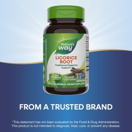 Nature\'s Way Licorice Root, Traditional Digestive Support Supplement*, 900 mg per 2-Capsule Serving, Non-GMO Project Verified, 100 Vegan Capsules (Packaging May Vary) Nature\'s Way Licorice Root, Traditional Digestive Support Supplement*, 900 mg per 2-Capsule Serving, Non-GMO Project Verified, 100 Vegan Capsules (Packaging May Vary)