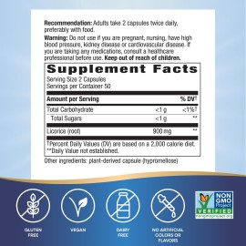 Nature\'s Way Licorice Root, Traditional Digestive Support Supplement*, 900 mg per 2-Capsule Serving, Non-GMO Project Verified, 100 Vegan Capsules (Packaging May Vary) Nature\'s Way Licorice Root, Traditional Digestive Support Supplement*, 900 mg per 2-Capsule Serving, Non-GMO Project Verified, 100 Vegan Capsules (Packaging May Vary)