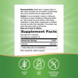 Nature\'s Way Activated Charcoal, Binds Unwanted Materials and Gas in the Digestive Tract*, 560 mg per 2-Capsule Serving, 100 Capsules (Packaging May Vary)