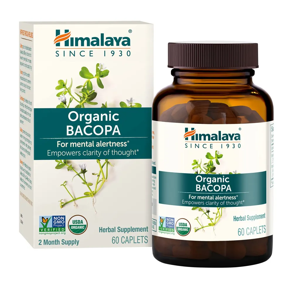 Himalaya Organic Bacopa Monnieri Nootropic Herbal Supplement, Supports Calm, Memory, Cognition, USDA Certified Organic, Non-GMO, 750 mg, 60 Plant-Based Caplets, 60 Day Supply Himalaya Organic Bacopa Monnieri Nootropic Herbal Supplement, Supports Calm, Memory, Cognition, USDA Certified Organic, Non-GMO, 750 mg, 60 Plant-Based Caplets, 60 Day Supply