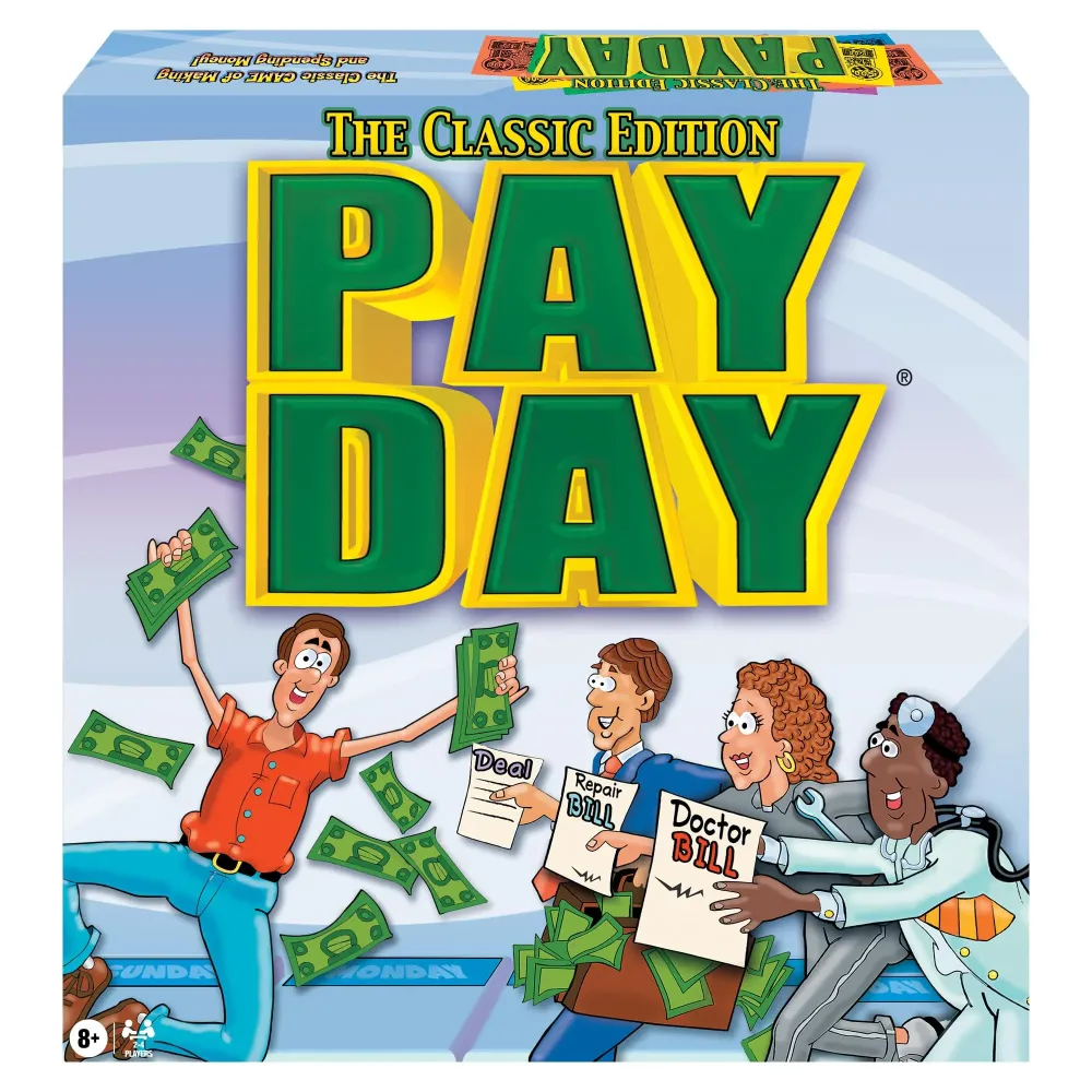 The Game of Pay Day With Popular 1970\'s Artwork by Winning Moves Games USA, where Players Make and Spend Money for Fun, for 2-4 Players, Ages 8+ The Game of Pay Day With Popular 1970\'s Artwork by Winning Moves Games USA, where Players Make and Spend Money for Fun, for 2-4 Players, Ages 8+