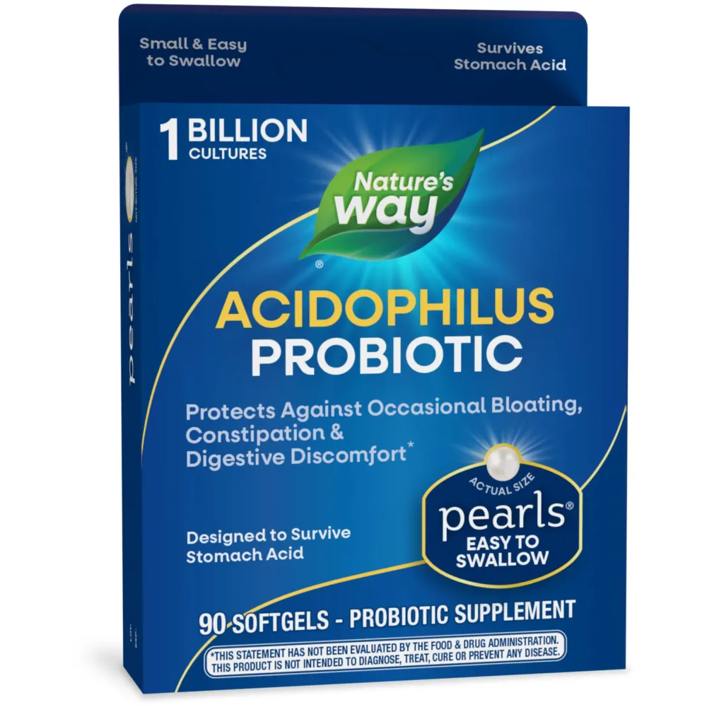 Nature\'s Way Acidophilus Probiotic Pearls, Supports Digestive Balance and Gut Health*, Protects Against Occasional Constipation and Bloating*, 1 Billion Live Cultures, 90 Softgels (Packaging May Vary) Nature\'s Way Acidophilus Probiotic Pearls, Supports Digestive Balance and Gut Health*, Protects Against Occasional Constipation and Bloating*, 1 Billion Live Cultures, 90 Softgels (Packaging May Vary)