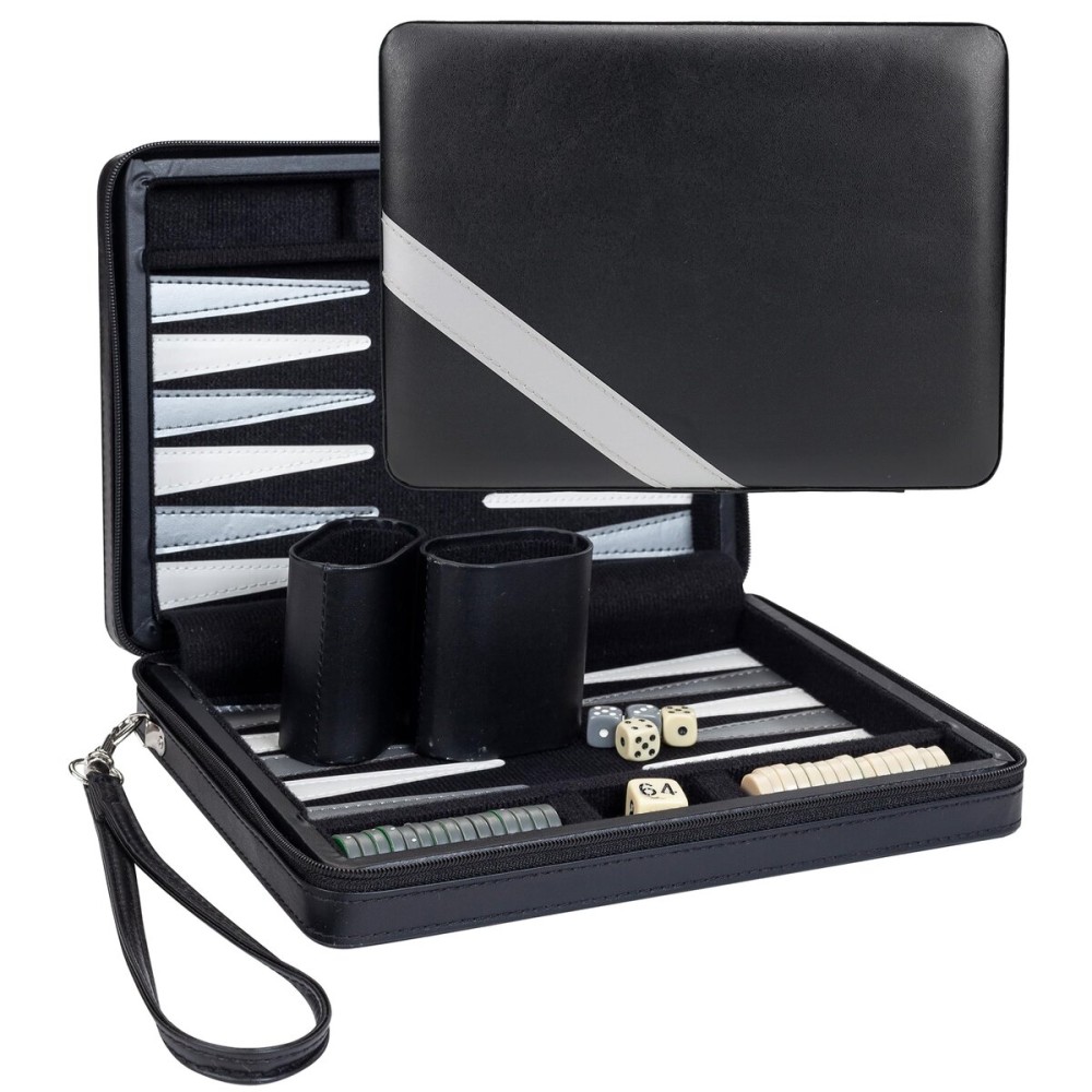 WE Games Backgammon Set, Board Games for Adults - Travel Games - Black with Gray Stripe Magnetic Leatherette Backgammon Board and Carrying Strap - Travel Backgammon Sets for Adults WE Games Backgammon Set, Board Games for Adults - Travel Games - Black with Gray Stripe Magnetic Leatherette Backgammon Board and Carrying Strap - Travel Backgammon Sets for Adults