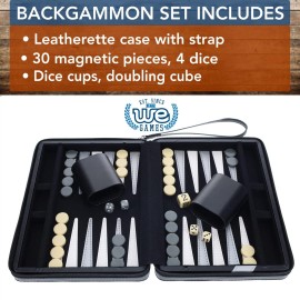 WE Games Backgammon Set, Board Games for Adults - Travel Games - Black with Gray Stripe Magnetic Leatherette Backgammon Board and Carrying Strap - Travel Backgammon Sets for Adults WE Games Backgammon Set, Board Games for Adults - Travel Games - Black with Gray Stripe Magnetic Leatherette Backgammon Board and Carrying Strap - Travel Backgammon Sets for Adults