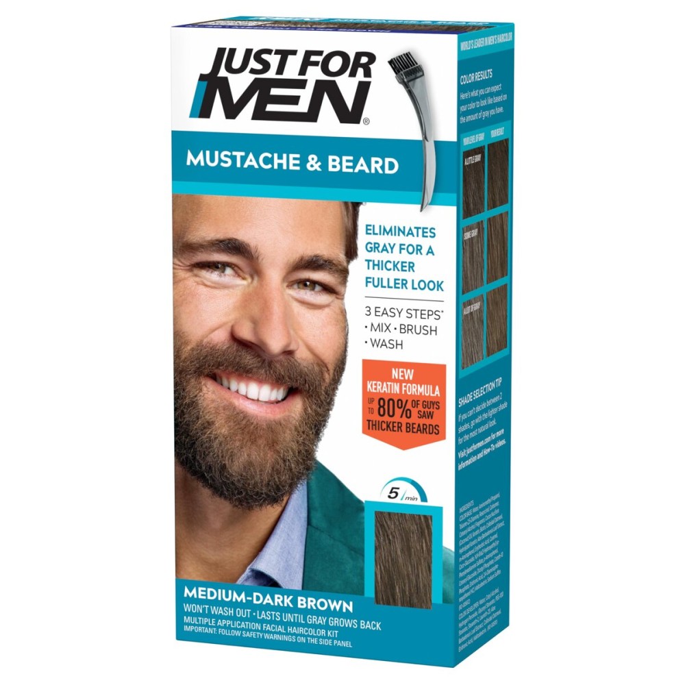 Just For Men Mustache & Beard, Beard Coloring for Gray Hair with Brush, With Keratin Biotin Aloe and Coconut Oil for Healthy Facial Hair - Medium-Dark Brown, M-40, Pack of 1 (Packaging May Vary) Just For Men Mustache & Beard, Beard Coloring for Gray Hair with Brush, With Keratin Biotin Aloe and Coconut Oil for Healthy Facial Hair - Medium-Dark Brown, M-40, Pack of 1 (Packaging May Vary)