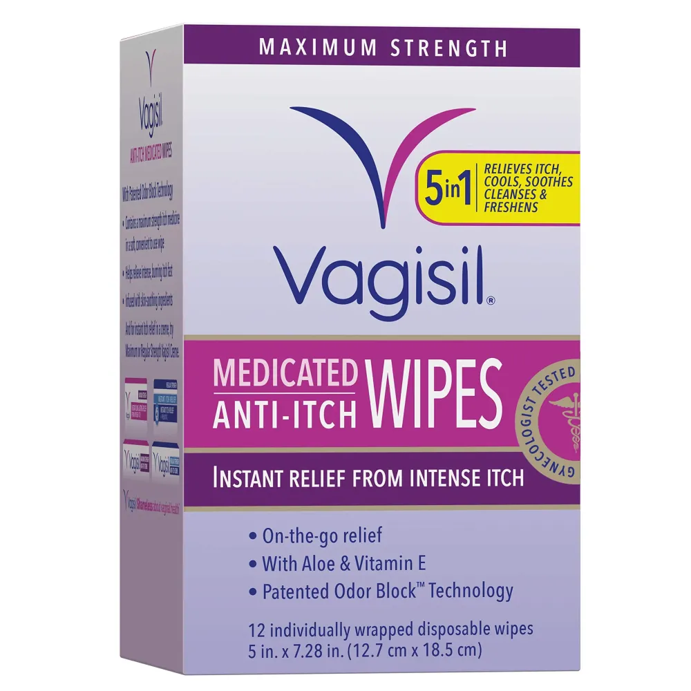 Vagisil Anti-Itch Medicated Feminine Intimate Wipes for Women, Maximum Strength, Gynecologist Tested, 12 Wipes (Pack of 1) Vagisil Anti-Itch Medicated Feminine Intimate Wipes for Women, Maximum Strength, Gynecologist Tested, 12 Wipes (Pack of 1)