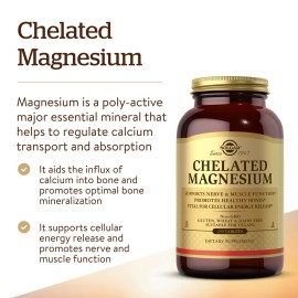 Solgar Chelated Magnesium, 250 Tablets - Supports Nerve & Muscle Function - Promotes Healthy Bones - Vital for Cellular Energy Release - Non-GMO, Vegan, Gluten Free, Dairy Free - 62 Servings Solgar Chelated Magnesium, 250 Tablets - Supports Nerve & Muscle Function - Promotes Healthy Bones - Vital for Cellular Energy Release - Non-GMO, Vegan, Gluten Free, Dairy Free - 62 Servings