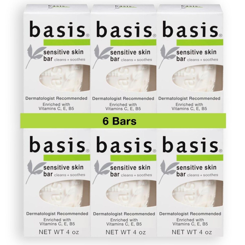 Basis Sensitive Skin Bar Soap for Body, Hands and Face, Unscented Soap Bar for Sensitive Skin with Chamomile and Aloe Vera, 4 Oz, Pack of 6 Basis Sensitive Skin Bar Soap for Body, Hands and Face, Unscented Soap Bar for Sensitive Skin with Chamomile and Aloe Vera, 4 Oz, Pack of 6