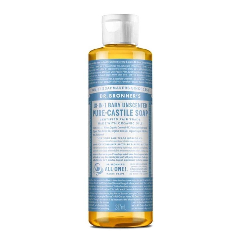 Dr. Bronners Pure-Castile Magic Liquid Soap (Baby Unscented, 8 Ounce)- Made with Organic Oils, 18-in1 Uses: Face, Body Wash, Baby Soap, Sensitive Skin, No Added Fragrance, Vegan, Non-GMO Dr. Bronners Pure-Castile Magic Liquid Soap (Baby Unscented, 8 Ounce)- Made with Organic Oils, 18-in1 Uses: Face, Body Wash, Baby Soap, Sensitive Skin, No Added Fragrance, Vegan, Non-GMO