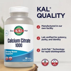 KAL Calcium Citrate 1000mg, Calcium Supplements for Women and Men, Bone Health, Teeth, Nervous, Muscular & Cardiovascular System Support, Gluten Free and Lab Verified, 60 Servings, 180 Tablets KAL Calcium Citrate 1000mg, Calcium Supplements for Women and Men, Bone Health, Teeth, Nervous, Muscular & Cardiovascular System Support, Gluten Free and Lab Verified, 60 Servings, 180 Tablets