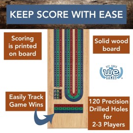 WE Games Classic Cribbage Set Solid Wood Tricolor Continuous 3 Track Board with Metal Pegs, Family Games, Living Room Decor, Travel Games, Outdoor Games, Birthday Gifts, 2 Player Games, Card Games