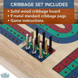 WE Games Classic Cribbage Set Solid Wood Tricolor Continuous 3 Track Board with Metal Pegs, Family Games, Living Room Decor, Travel Games, Outdoor Games, Birthday Gifts, 2 Player Games, Card Games