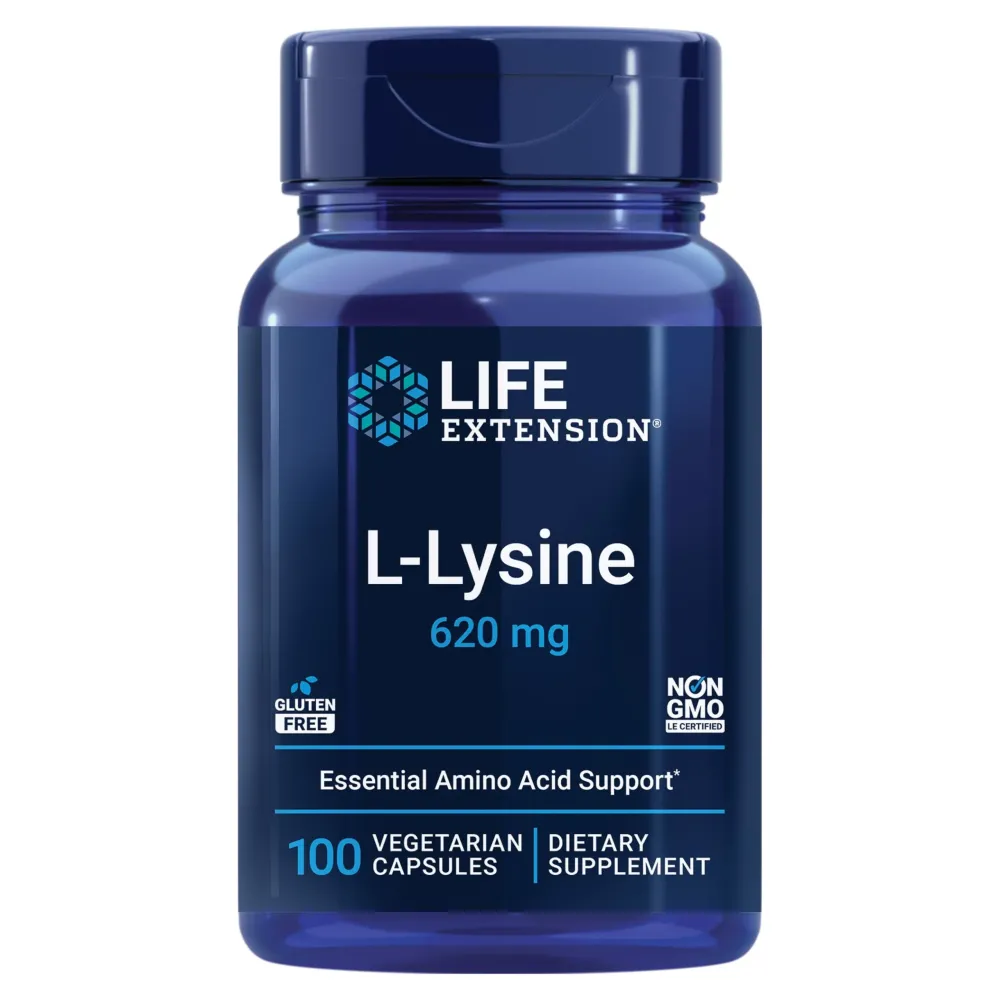 Life Extension L-Lysine, 620 mg, Essential Amino Acid for Healthy nitrogen Balance, Calcium Metabolism, Stress Response & More, Gluten-Free, Non-GMO, Vegetarian, 100 Capsules