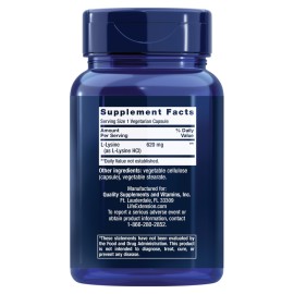 Life Extension L-Lysine, 620 mg, Essential Amino Acid for Healthy nitrogen Balance, Calcium Metabolism, Stress Response & More, Gluten-Free, Non-GMO, Vegetarian, 100 Capsules