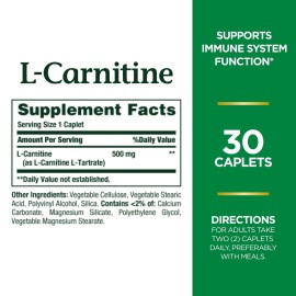 Nature\'s Bounty L-Carnitine, Supports Heart Health & Fat Metabolism, Amino Acid Supplement, 500 mg, 30 Tablets