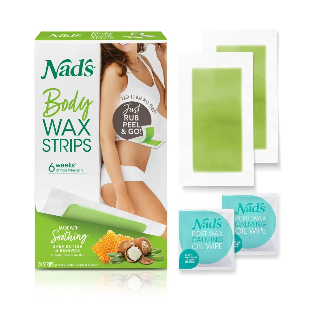 Nad\'s Body Wax Strips Hair Removal For Women At Home plus 4 Calming Oil Wipes, 24 Count Nad\'s Body Wax Strips Hair Removal For Women At Home plus 4 Calming Oil Wipes, 24 Count