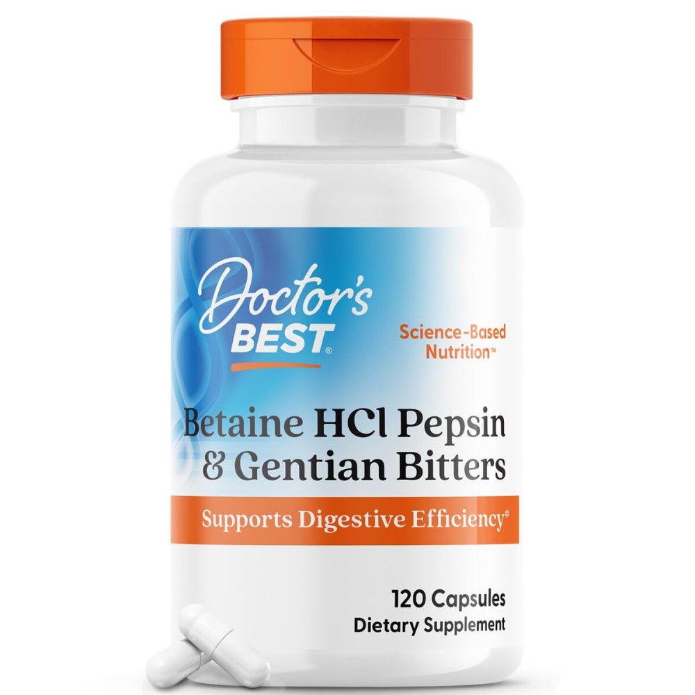 Doctor\'s Best Betaine HCI Pepsin & Gentian Bitters, Digestive Enzymes for Protein Breakdown & Absorption, Non-GMO, Gluten Free, 120 Caps, Original Version