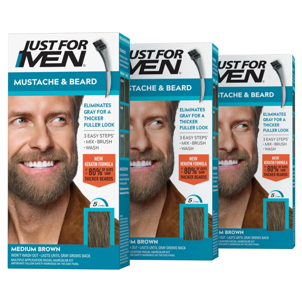 Just For Men Mustache & Beard, Beard Coloring for Gray Hair with Brush, With Keratin Biotin Aloe and Coconut Oil for Healthy Facial Hair - Medium Brown, M-35, Pack of 3 (Packaging May Vary) Just For Men Mustache & Beard, Beard Coloring for Gray Hair with Brush, With Keratin Biotin Aloe and Coconut Oil for Healthy Facial Hair - Medium Brown, M-35, Pack of 3 (Packaging May Vary)