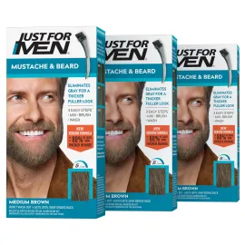 Just For Men Mustache & Beard, Beard Coloring for Gray Hair with Brush, With Keratin Biotin Aloe and Coconut Oil for Healthy Facial Hair - Medium Brown, M-35, Pack of 3 (Packaging May Vary)