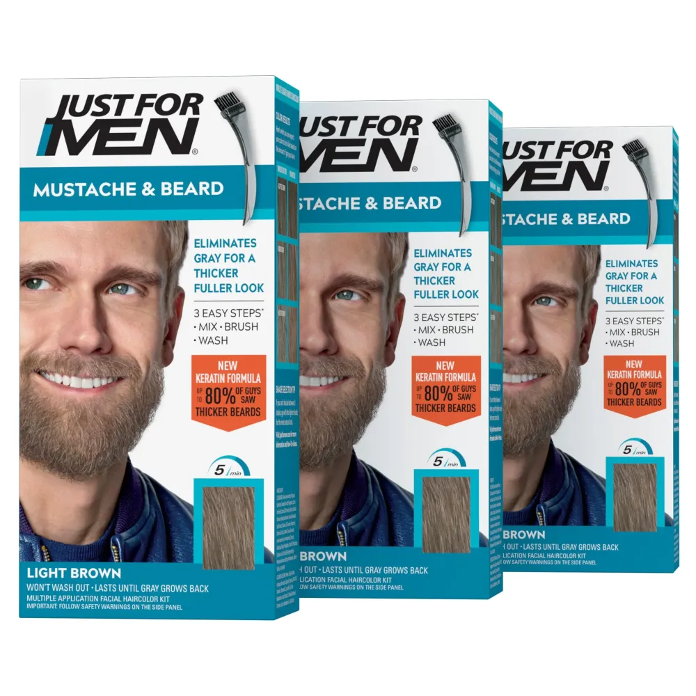 Just For Men Mustache & Beard, Beard Dye for Men with Brush Included, With Keratin Biotin Aloe and Coconut Oil for Healthy Facial Hair - Light Brown, M-25, Pack of 3 (Packaging May Vary) Just For Men Mustache & Beard, Beard Dye for Men with Brush Included, With Keratin Biotin Aloe and Coconut Oil for Healthy Facial Hair - Light Brown, M-25, Pack of 3 (Packaging May Vary)