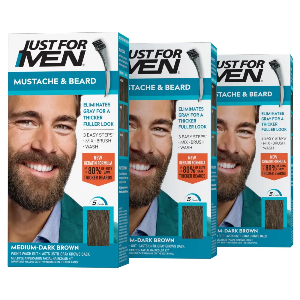 Just For Men Mustache & Beard, Beard Coloring for Gray Hair with Brush, With Keratin Biotin Aloe and Coconut Oil for Healthy Facial Hair - Medium-Dark Brown, M-40, Pack of 3 (Packaging May Vary) Just For Men Mustache & Beard, Beard Coloring for Gray Hair with Brush, With Keratin Biotin Aloe and Coconut Oil for Healthy Facial Hair - Medium-Dark Brown, M-40, Pack of 3 (Packaging May Vary)