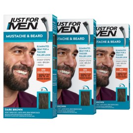 Just For Men Mustache & Beard, Beard Dye for Men with Brush Included, With Keratin Biotin Aloe and Coconut Oil for Healthy Facial Hair - Dark Brown, M-45, Pack of 3 (Packaging May Vary)