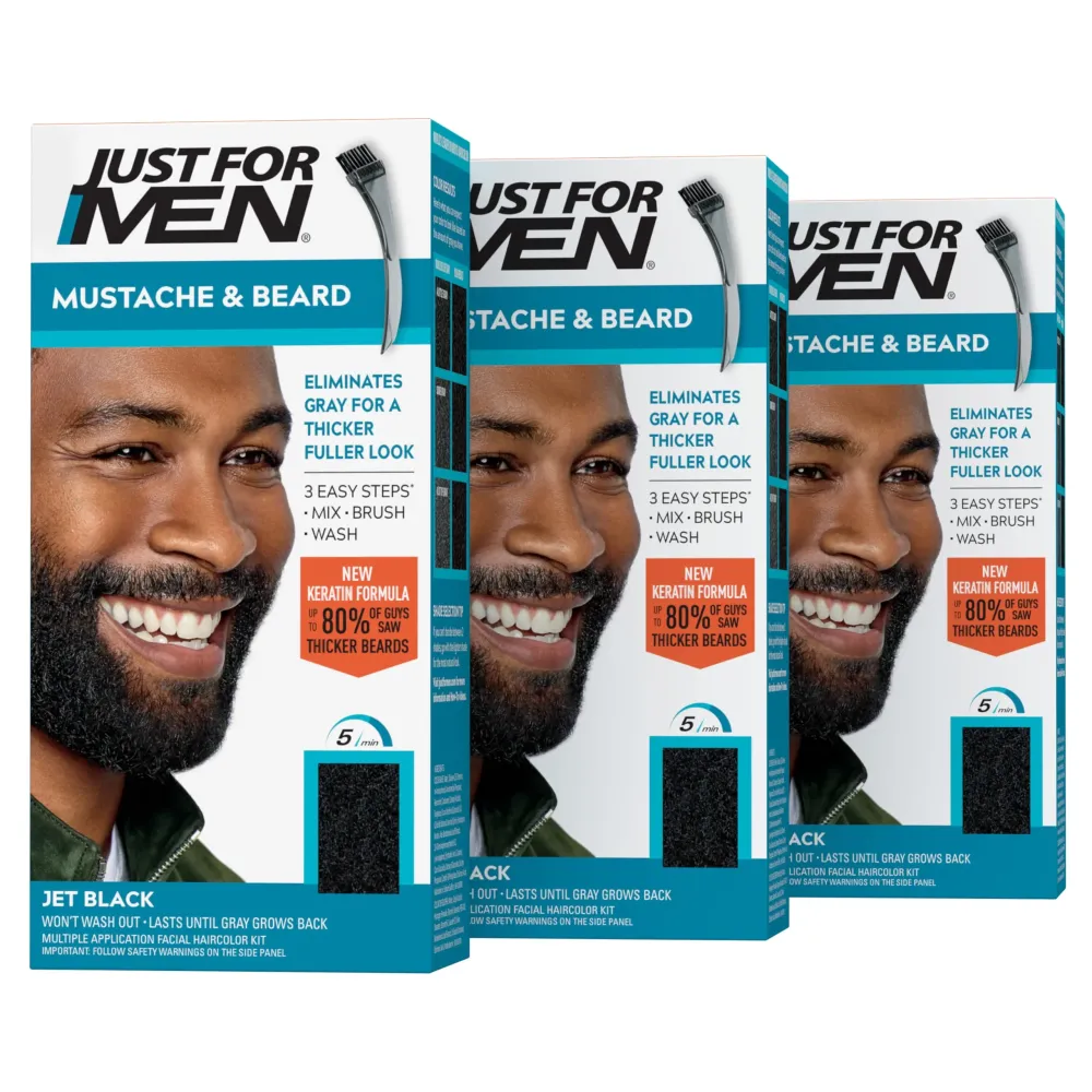 Just For Men Mustache & Beard, Beard Coloring for Gray Hair with Brush, With Keratin Biotin Aloe and Coconut Oil for Healthy Facial Hair - Jet Black, M-60, Pack of 3 (Packaging May Vary) Just For Men Mustache & Beard, Beard Coloring for Gray Hair with Brush, With Keratin Biotin Aloe and Coconut Oil for Healthy Facial Hair - Jet Black, M-60, Pack of 3 (Packaging May Vary)