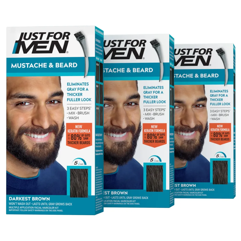 Just For Men Mustache & Beard, Beard Coloring for Gray Hair with Brush, With Keratin Biotin Aloe and Coconut Oil for Healthy Facial Hair - Darkest Brown, M-50, Pack of 3 (Packaging May Vary) Just For Men Mustache & Beard, Beard Coloring for Gray Hair with Brush, With Keratin Biotin Aloe and Coconut Oil for Healthy Facial Hair - Darkest Brown, M-50, Pack of 3 (Packaging May Vary)