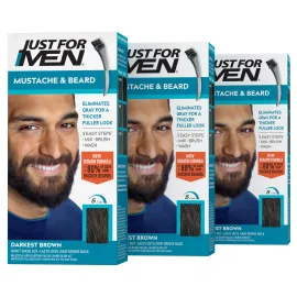 Just For Men Mustache & Beard, Beard Coloring for Gray Hair with Brush, With Keratin Biotin Aloe and Coconut Oil for Healthy Facial Hair - Darkest Brown, M-50, Pack of 3 (Packaging May Vary)