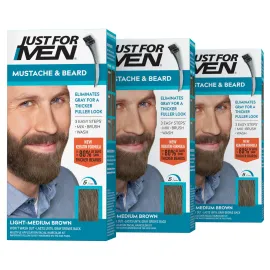 Just For Men Mustache & Beard, Beard Coloring for Gray Hair with Brush, With Keratin Biotin Aloe and Coconut Oil for Healthy Facial Hair - Light-Medium Brown, M-30, Pack of 3 (Packaging May Vary)