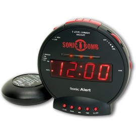 Sonic Bomb Dual Extra Loud Alarm Clock with Bed Shaker, Black | Sonic Alert Vibrating, Heavy Sleepers, Battery Backup | Wake with a Shake