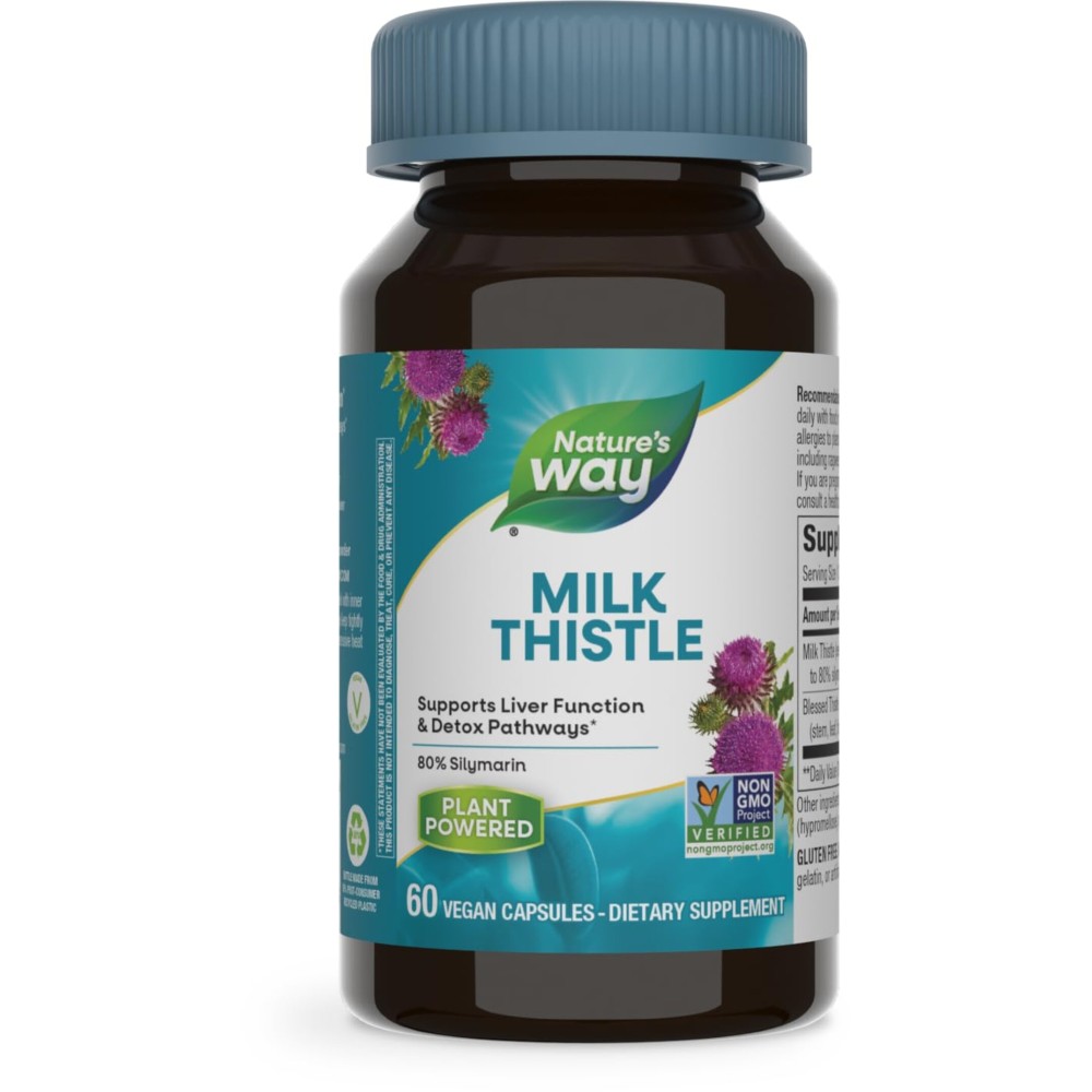 Nature\'s Way Milk Thistle, Supports Liver Function & Detox Pathways*, 175 mg Milk Thistle Seed Extract Standardized to 80% Silymarin per Serving, Vegan, 60 Capsules Nature\'s Way Milk Thistle, Supports Liver Function & Detox Pathways*, 175 mg Milk Thistle Seed Extract Standardized to 80% Silymarin per Serving, Vegan, 60 Capsules