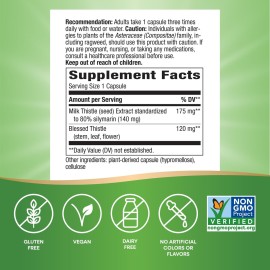 Nature\'s Way Milk Thistle, Supports Liver Function & Detox Pathways*, 175 mg Milk Thistle Seed Extract Standardized to 80% Silymarin per Serving, Vegan, 60 Capsules Nature\'s Way Milk Thistle, Supports Liver Function & Detox Pathways*, 175 mg Milk Thistle Seed Extract Standardized to 80% Silymarin per Serving, Vegan, 60 Capsules