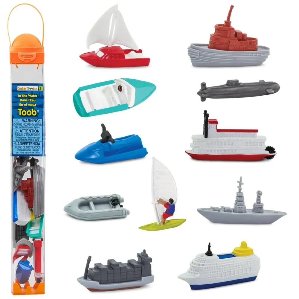 Safari Ltd. In the Water TOOB - Figurines of Jet Ski, Raft, Submarine, Motorboat, Windsurfer, Battleship, Cruise, Steam, Sail, Tug, Cargo Boat - Educational Toy Figures For Boys, Girls & Kids Ages 3+ Safari Ltd. In the Water TOOB - Figurines of Jet Ski, Raft, Submarine, Motorboat, Windsurfer, Battleship, Cruise, Steam, Sail, Tug, Cargo Boat - Educational Toy Figures For Boys, Girls & Kids Ages 3+